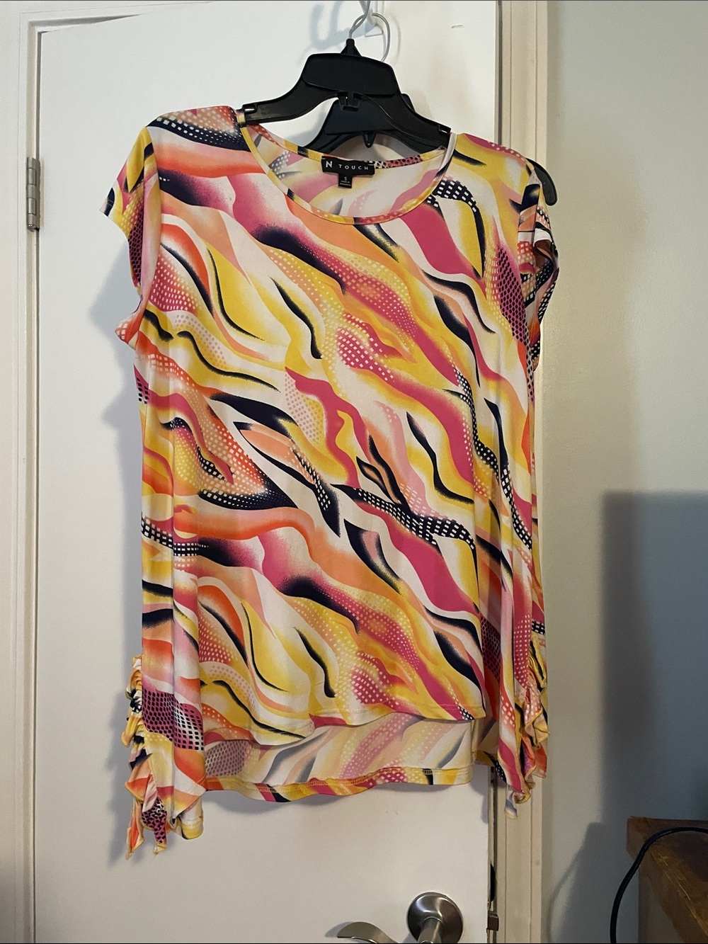 NTouch Yellow & Pink Wave-Print Short Sleeve Blouse